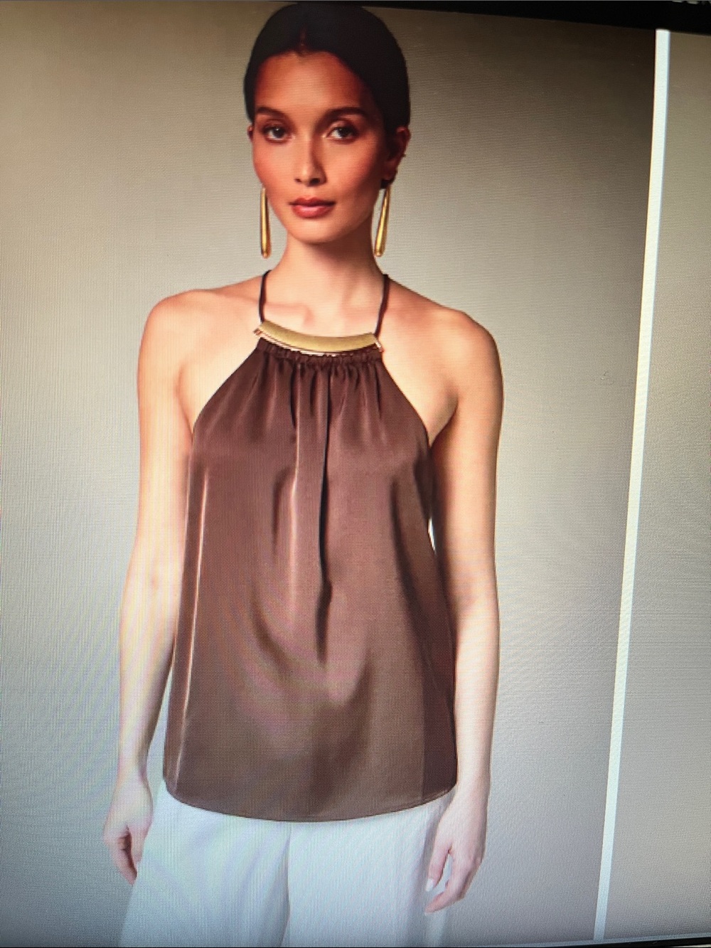 Donna Karan Satin Brown Halter Camisole with Gold Neck Bar